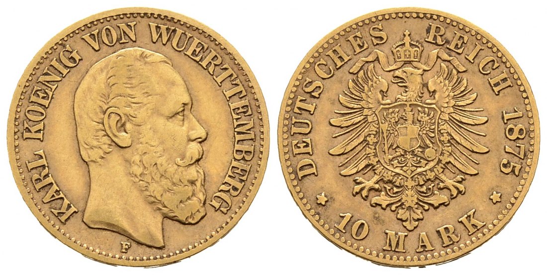 PEUS 8229 Württemberg - Kaiserreich 3,58 g Feingold. Karl (1864 - 1891) 10 Mark GOLD 1875 F Stuttgart Sehr schön