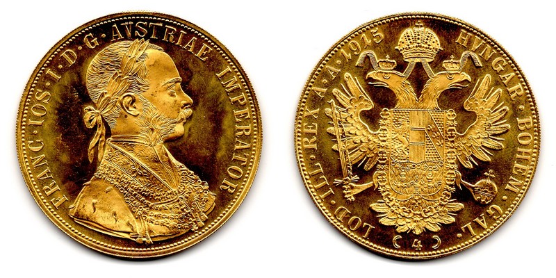 Österreich MM-Frankfurt  Feingewicht: 13,76g Gold 4 Dukaten 1915 vorzüglich