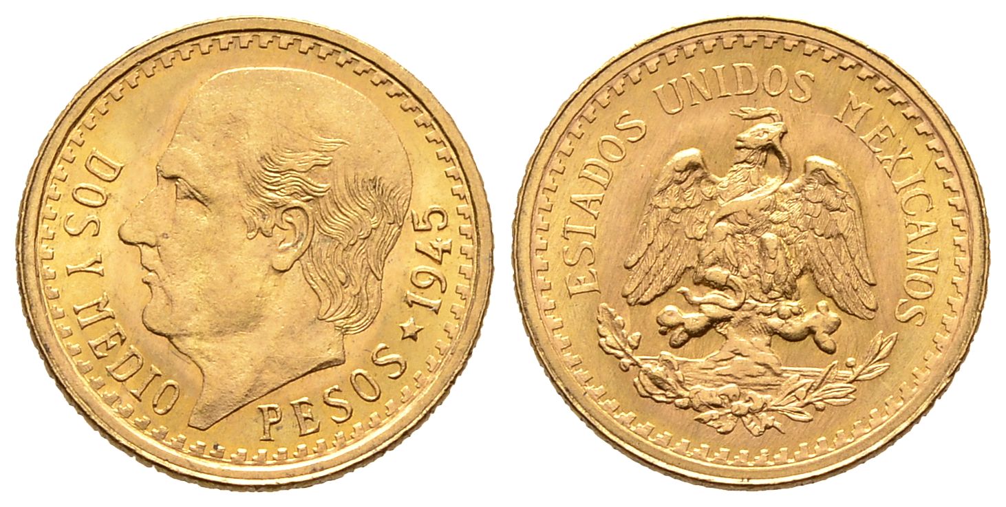 PEUS 8230 Mexiko 1,88 g Feingold. Miguel Hidalgo y Costilla 2 1/2 Pesos GOLD 1945 Fast stempelglanz