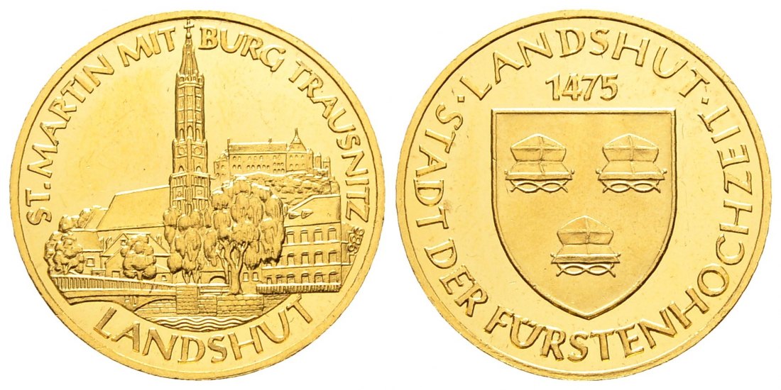 PEUS 8233 Landshut 20 mm / 3,92 g Feingold. St. Martin + Burg Trausnitz / Stadtwappen Goldmedaille o.J. Impaired Proof / Vorzüglich + aus PP