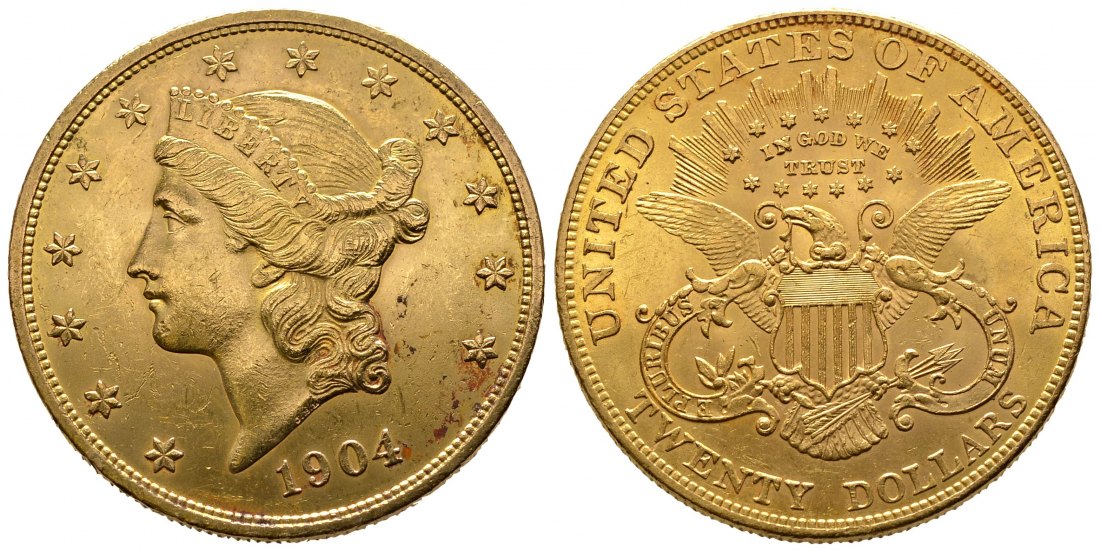 PEUS 8237 USA 30,1 g Feingold. Coronet Head 20 Dollars GOLD 1904 Kl. Kratzer, Sehr schön