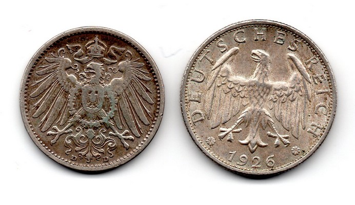  Kaiserreich   1 Mark /2 Reichsmark  1905 / 1926   FM-Frankfurt Feingewicht: 5g+5g  Silber sehr schön   