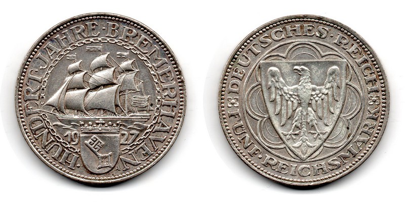  Deutschland, Weimarer Rep.  5 Reichsmark  1927 A FM-Frankfurt  Feingewicht: 12,5g Silber sehr schön   