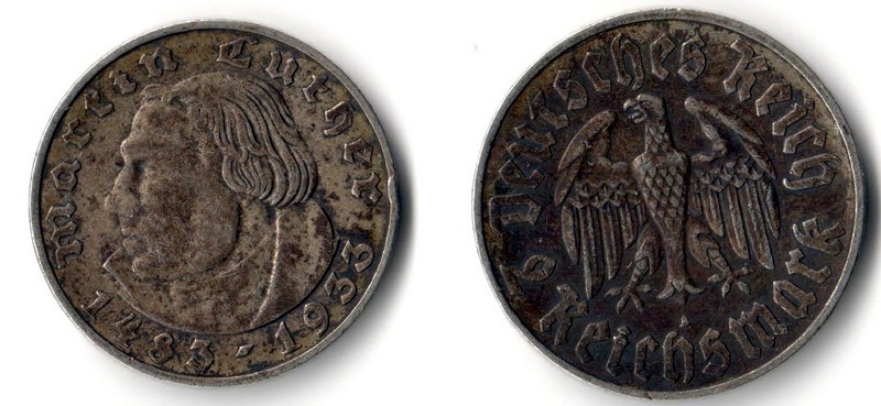 Deutschland, Drittes Reich  2 Reichsmark  1933 A  FM-Frankfurt  Feingewicht: 5g Silber sehr schön   