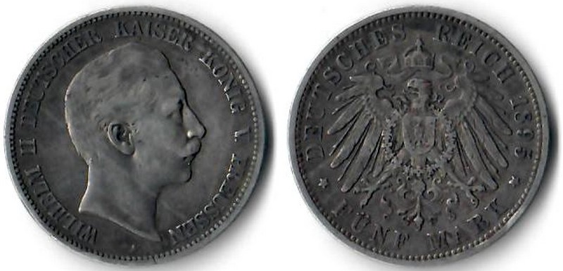  Preussen, Kaiserreich  5 Mark  1895 A  FM-Frankfurt Feingewicht: 25g Silber sehr schön   