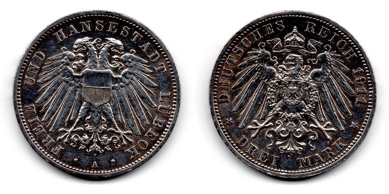  Lübeck,Kaiserreich 3 Mark 1911 A  FM-Frankfurt/M Feingewicht: 15g Silber sehr schön/vorzüglich   