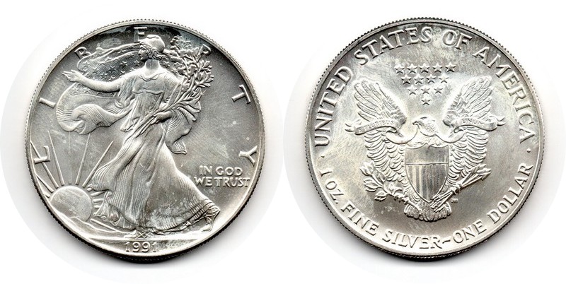  USA  1 Dollar (American Eagle) 1991 FM-Frankfurt Feingewicht: 31,1g Silber   vorzüglich   