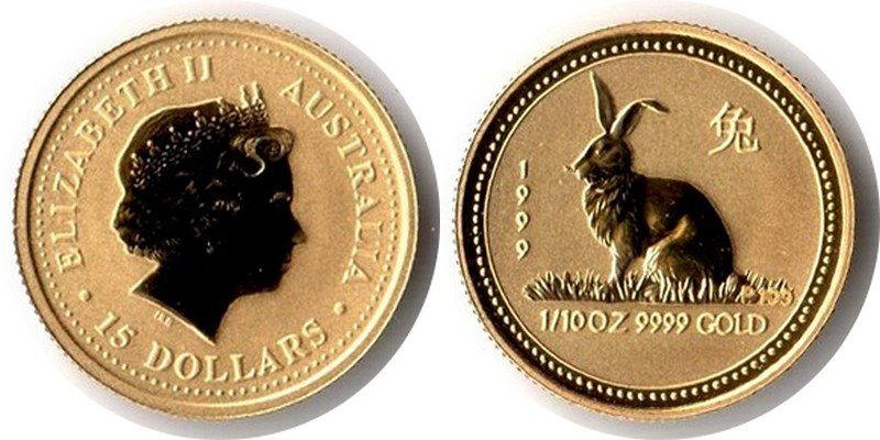 Australien MM-Frankfurt Feingewicht: 3,11g Gold 15 Dollar (Hase) 1999 stempelglanz
