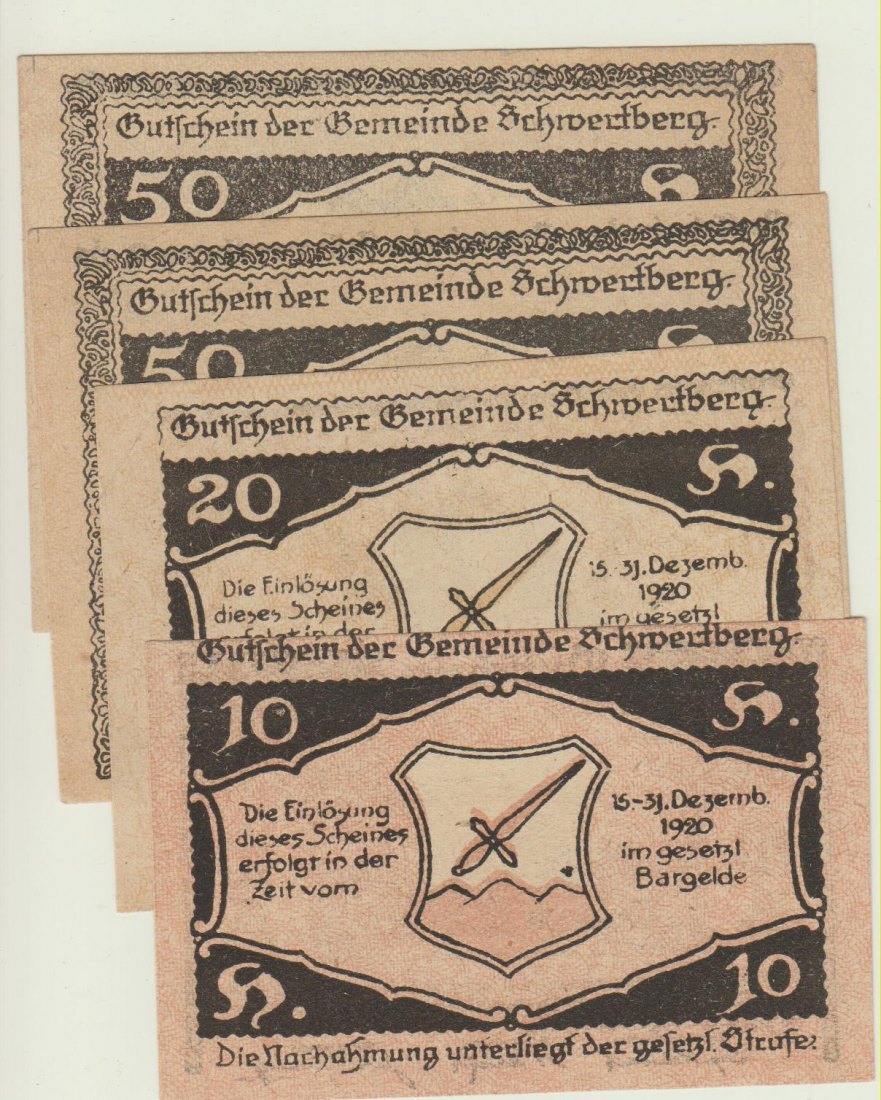  Österreich Notgeld Schwertberg 10, 20, 2 mal 50 Pfg kfr 20 Heller Eckknick   