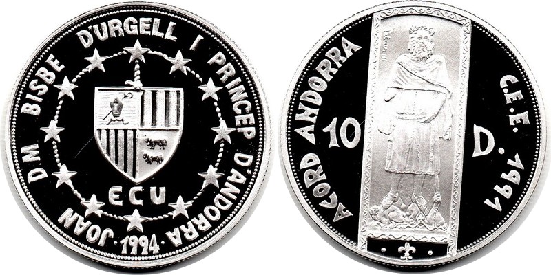  Andorra  10 Dinar (1 ECU)  1994 FM-Frankfurt  Feingewicht: 29,11g Silber PP   
