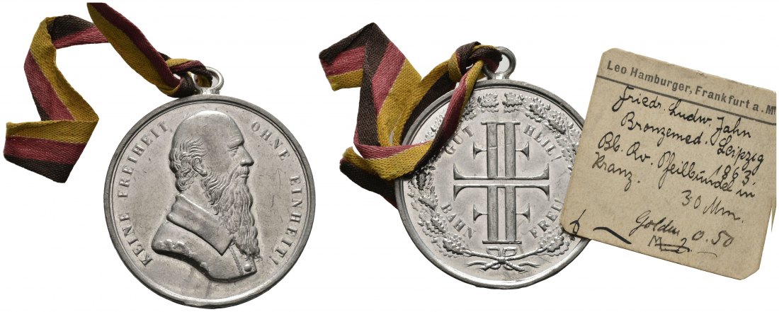 PEUS 8357 Deutschland 37 mm / 17,1 g. Turnvater Jahn Versilberte Medaille o.J. (1863) Gehenkelt, sehr schön