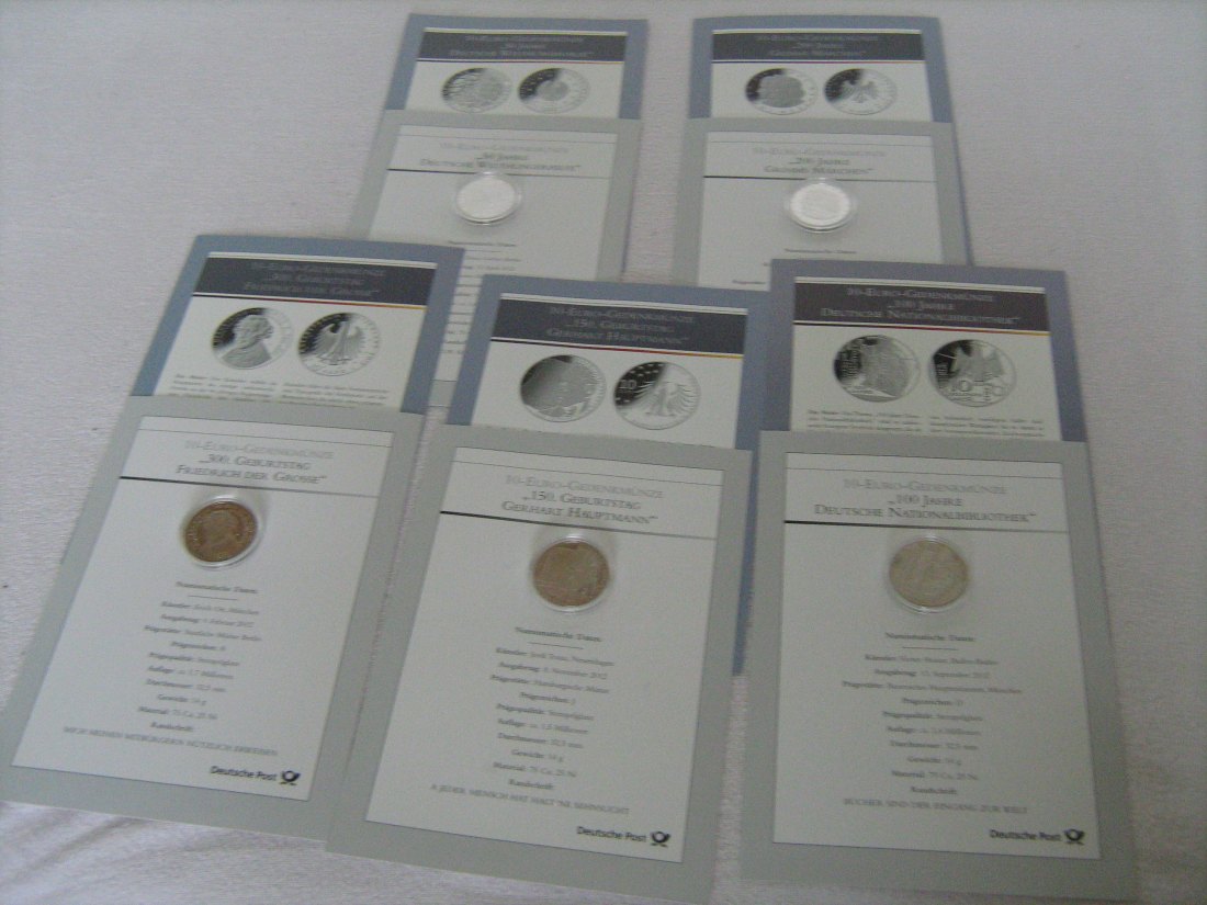  5 x 10 Euro Münzen Deutschland 2012   