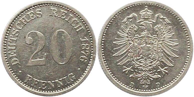  8306 Kaiserreich 20 Pfennig Silber 1876 D   