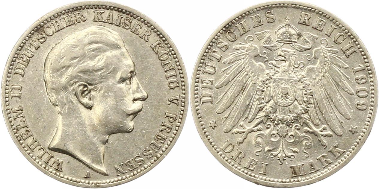  8423 Kaiserreich Preussen 3 Mark 1909   