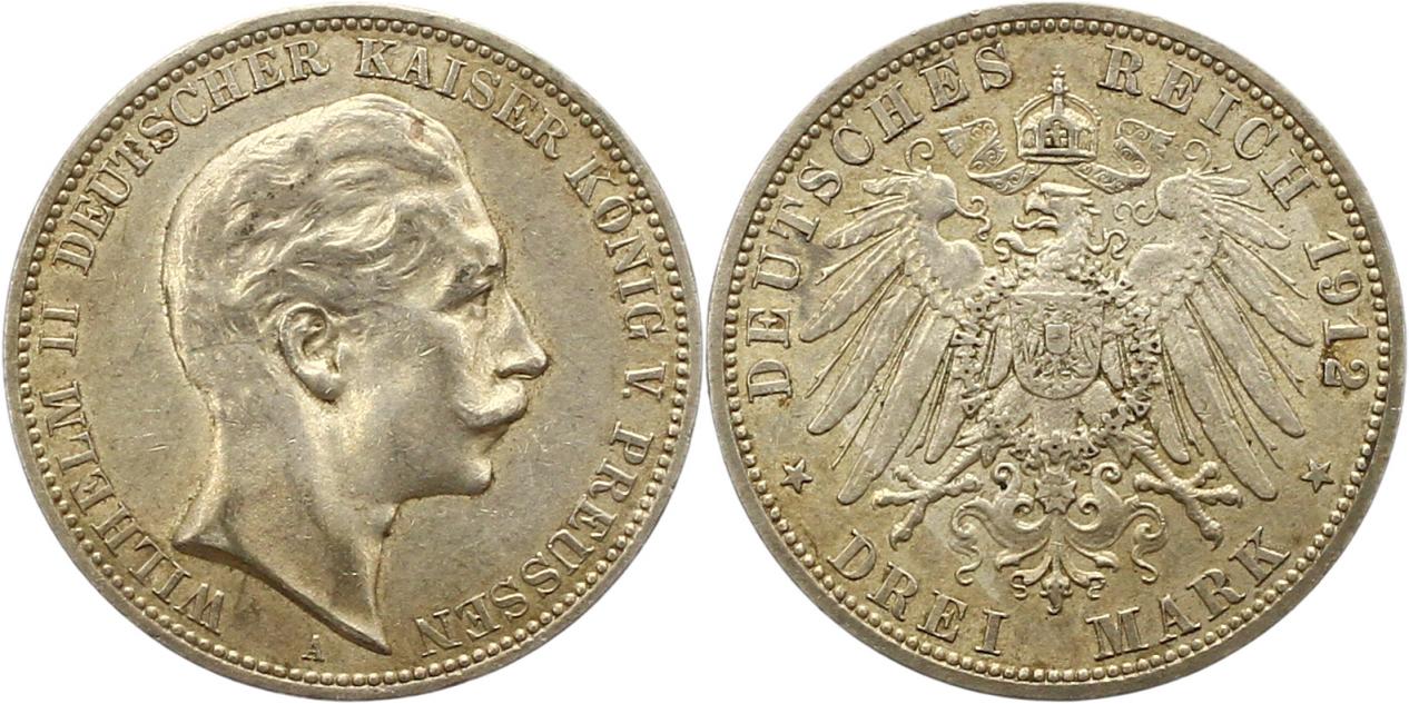  8426 Kaiserreich Preussen 3 Mark 1912   
