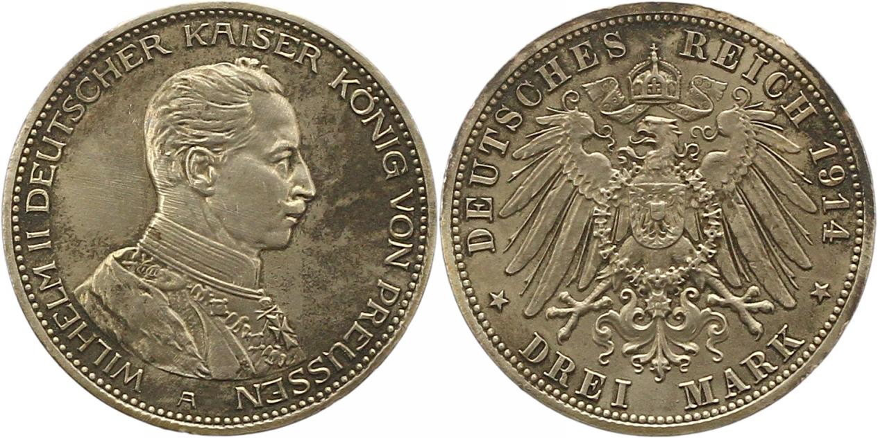  8441 Kaiserreich Preussen 3 Mark 1914   