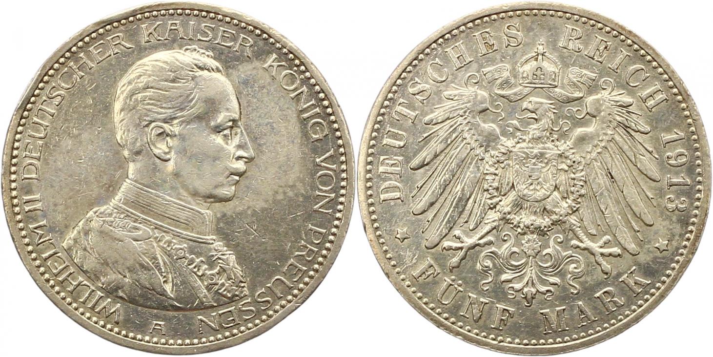  8442 Kaiserreich Preussen 5 Mark 1913   