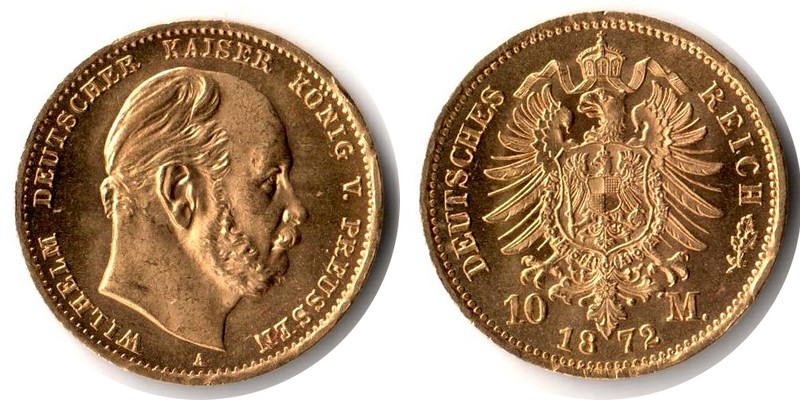 Preussen, Königreich MM-Frankfurt Feingewicht: 3,58g Gold 10 Mark 1872 A sehr schön