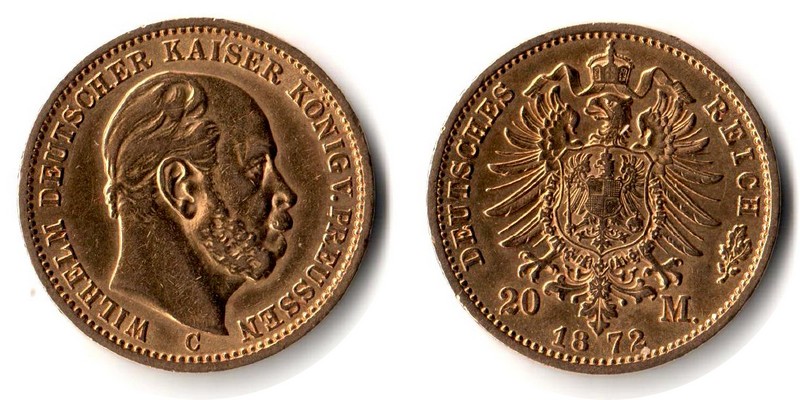 Preussen, Königreich MM-Frankfurt Feingewicht: 7,17g Gold 20 Mark 1872 C sehr schön/vorzüglich