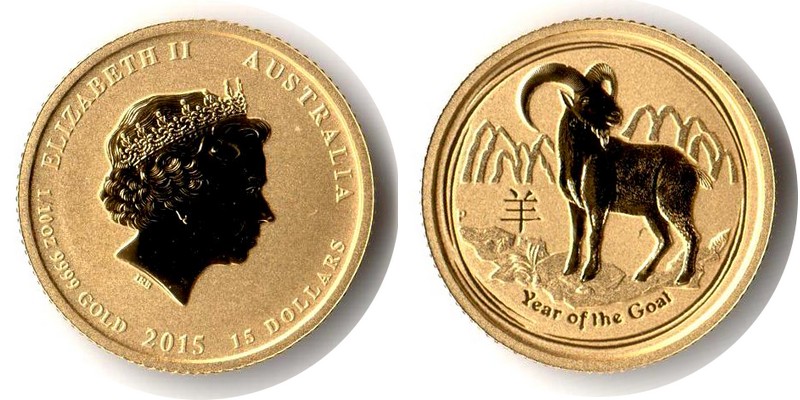 Australien MM-Frankfurt Feingewicht: 3,11g Gold 15 Dollar (Ziege) 2015 P stempelglanz