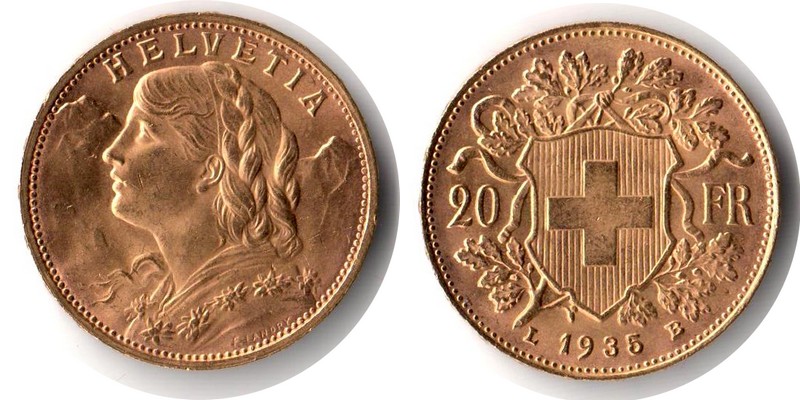 Schweiz MM-Frankfurt Feingewicht: 5,81g Gold 20sFR (Vreneli) 1935 L B sehr schön / vorzüglich