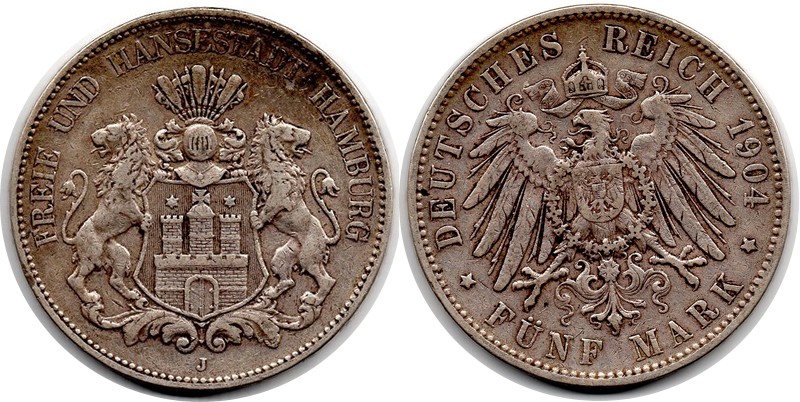  Hamburg, Kaiserreich  5 Mark  1904 J  FM-Frankfurt Feingewicht: 25g Silber sehr schön   