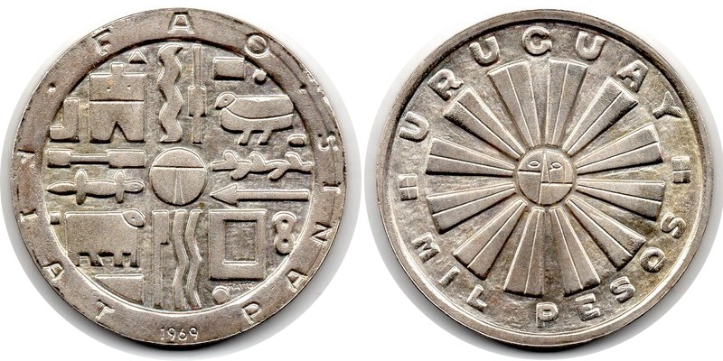  Uruguay  1000 Pesos  1969  FM-Frankfurt  Feingewicht: 22,5g  sehr schön/vorzüglich   