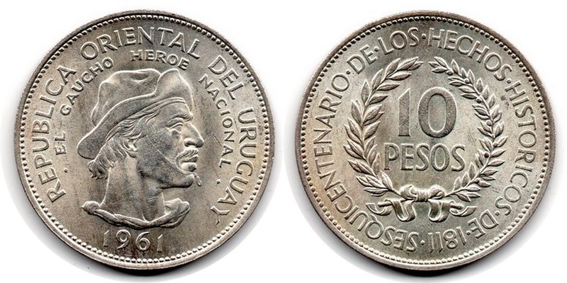  Uruguay  10 Pesos  1961  FM-Frankfurt  Feingewicht: 11,25g  vorzüglich   