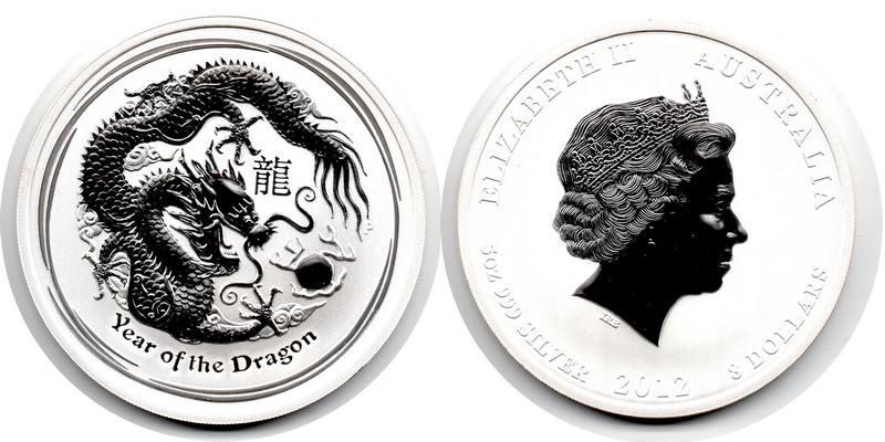  Australien  8 Dollar Lunar II Drache 2012  FM-Frankfurt  Feingewicht: 155,5g Silber  st   