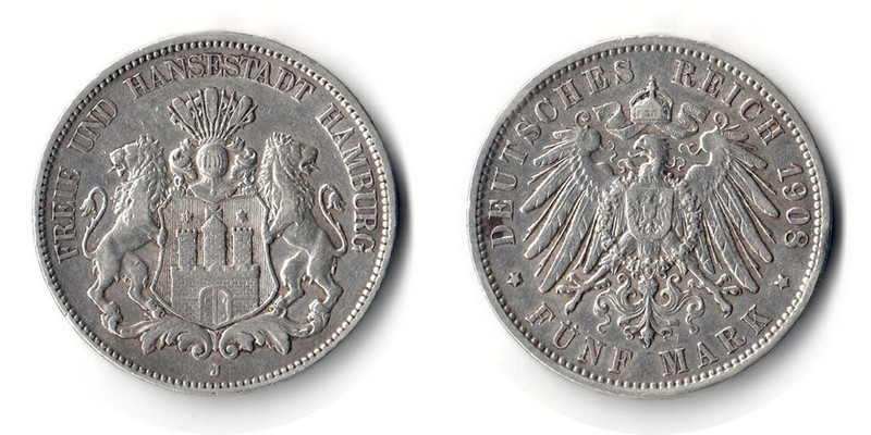  Hamburg, Kaiserreich  5 Mark  1908 J FM-Frankfurt Feingewicht: 25g Silber sehr schön   