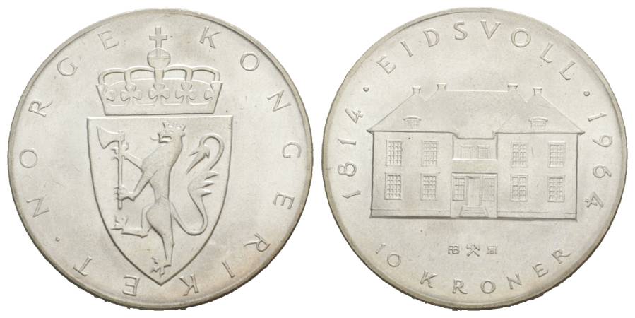  Norwegen, 10 Kronen 1964; 0,900 AG; 19,86 g   