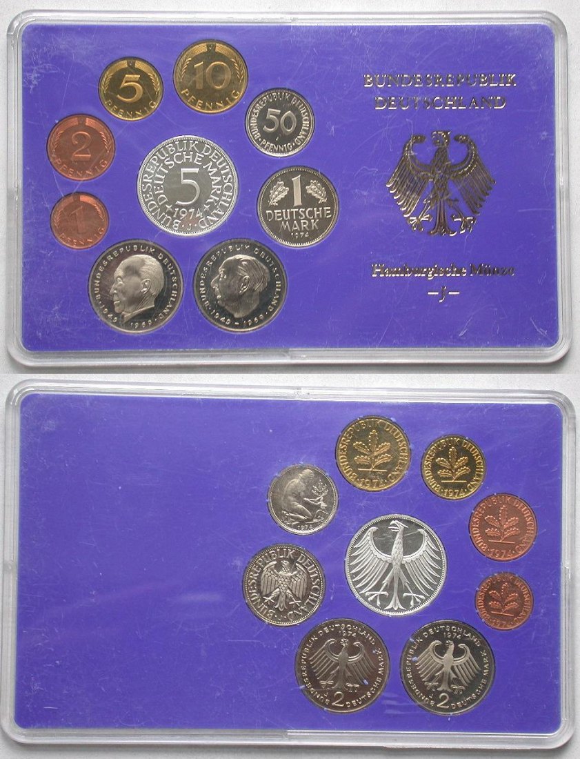 KMS BRD 1974 J PP letzm. Satz mit 5DM Silber Adler OVP Blister
