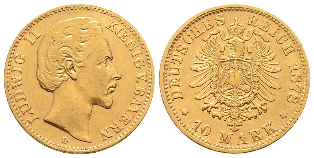 PEUS 8402 Bayern - Kaiserreich 3,58 g Feingold. Ludwig II. (1864 -1886) 10 Mark GOLD 1878 D München Sehr schön