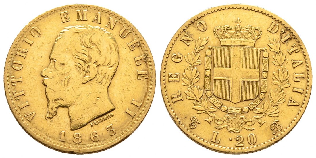PEUS 8406 Italien Königreich 5,81 g Feingold. Vittorio Emanuelle II. (1861 - 1878) 20 Lire GOLD 1863 T BN Sehr schön