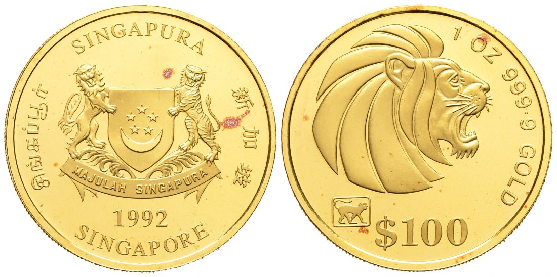 PEUS 8417 Singapur 31,1 g Feingold. Jahr des Affen Marke Nur 2.000 Exemplare! 100 Dollars Unze GOLD 1992 Rote FleckenImpaired Proof / Vz + aus PP