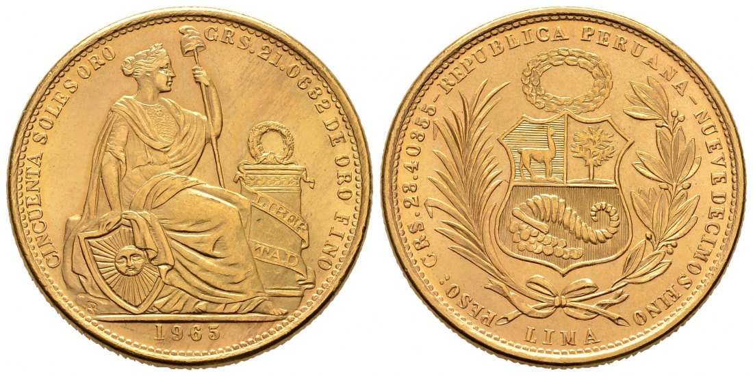 PEUS 8418 Peru 21,06 g Feingold. Wappen - Sitzende Liberty 50 Soles GOLD 1965 Vorzüglich / Stempelglanz
