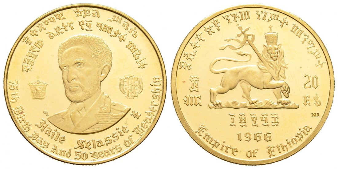 PEUS 8422 Äthiopien / Ethiopia 7,2 g Feingold. Haile Selassie I. 20 Dollars GOLD EE 1958(1966) Impaired Proof / Vz + aus PP