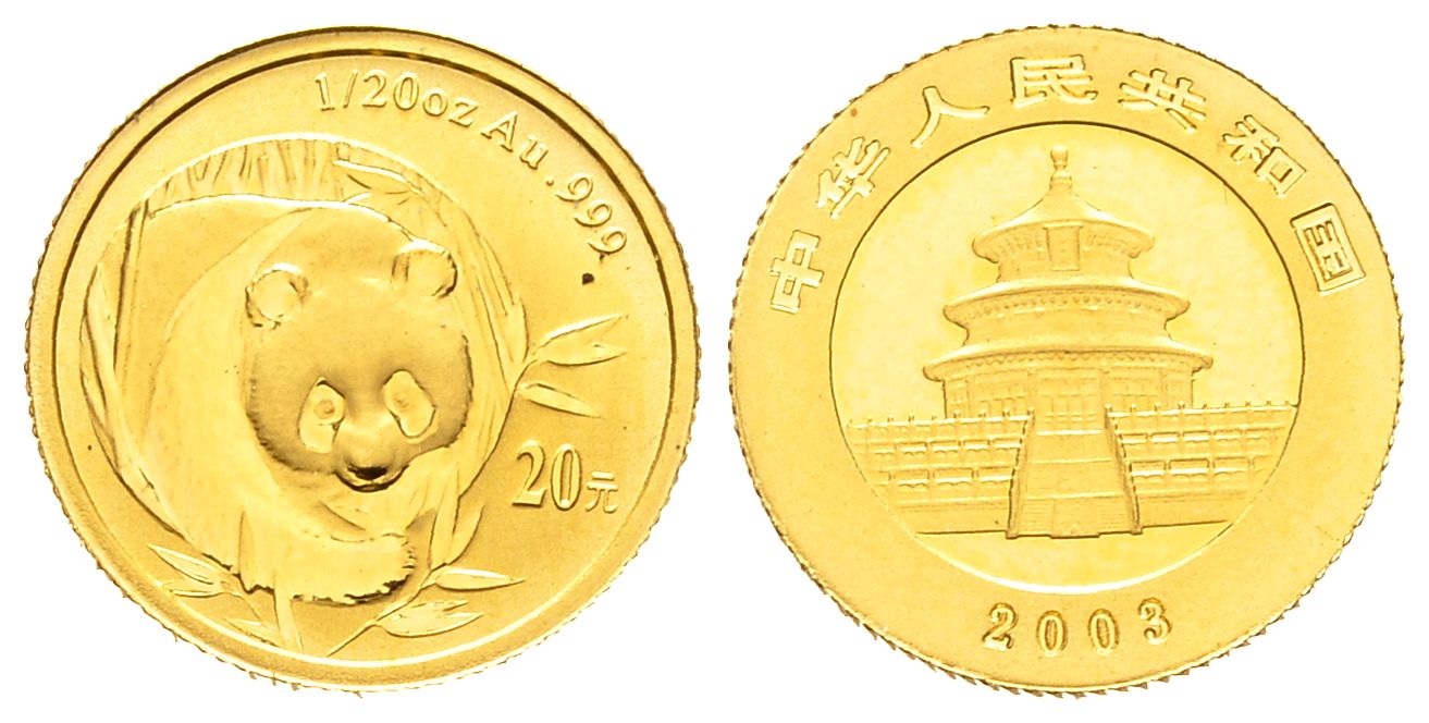 PEUS 8428 China 1,56 g Feingold. Panda zwischen Bambus 20 Yuan GOLD 1/20 Unze 2003 Uncirculated
