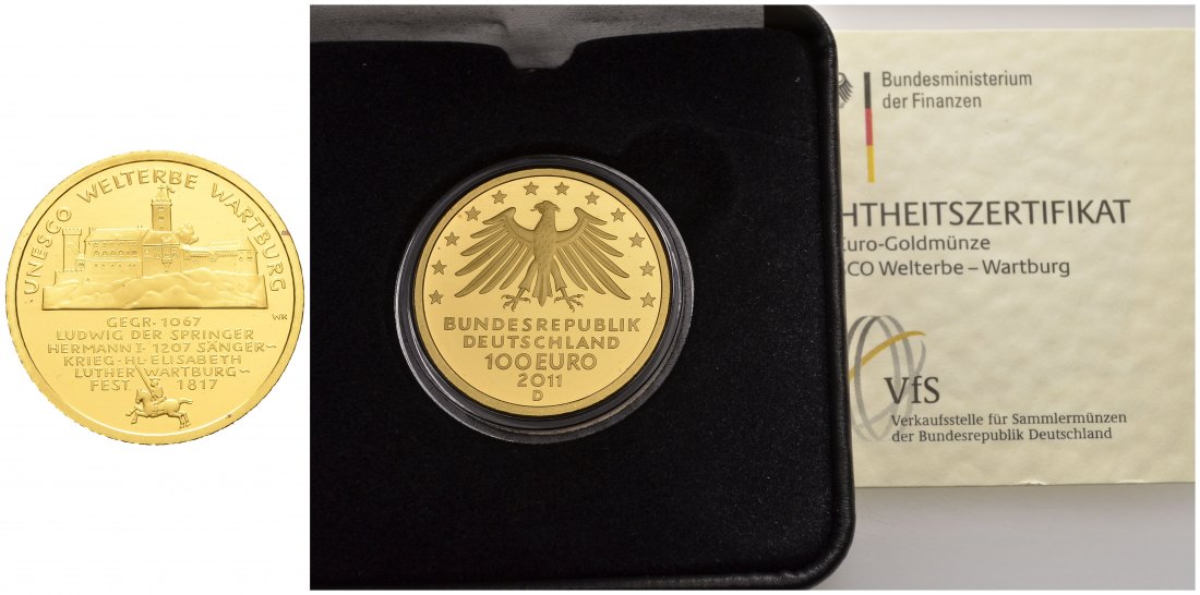 PEUS 8430 BRD 15,55 g Feingold. Wartburg mit Zertifikat + Etui 100 Euro GOLD 2011 D München Stempelglanz (in Kapsel)