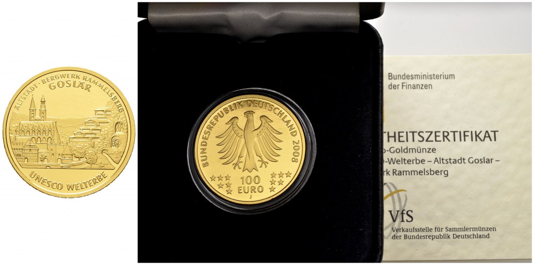 PEUS 8433 BRD 15,55 g Feingold. Goslar incl. Etui und Zertifikat 100 Euro GOLD 1/2 Unze 2008 J Hamburg Stempelglanz (Originalkapsel)