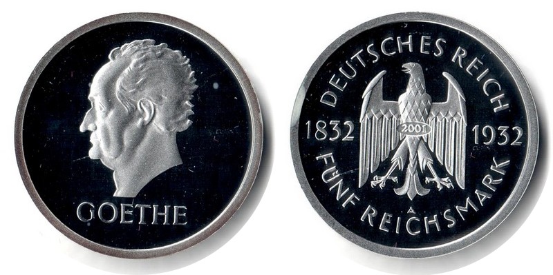  Deutschland  Replik   5 Reichsmark  1932/2001 Feingewicht: 22,90g Silber FM-Frankfurt  spiegelglanz   