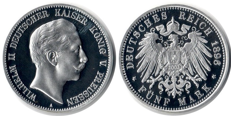  Preussen  Replik   5 Mark  1896/2002  Feingewicht: 23,125g Silber FM-Frankfurt  spiegelglanz   