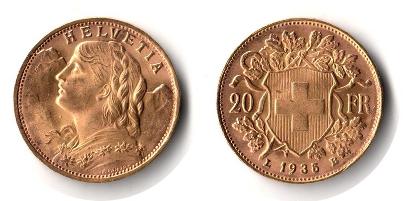 Schweiz MM-Frankfurt Feingewicht: 5,81g Gold 20sFR (Vreneli) 1935 L B sehr schön / vorzüglich