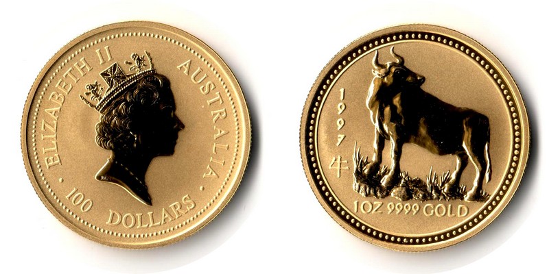 Australien MM-Frankfurt Feingewicht: 31,1g Gold 100 Dollar (Ochse) 1997 stempelglanz