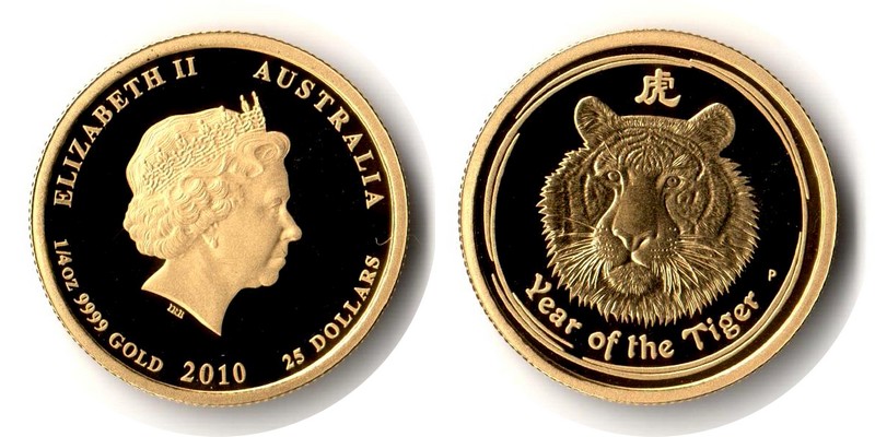 Australien MM-Frankfurt Feingewicht: 7,78g Gold 25 Dollar (Tiger) 2010 PP