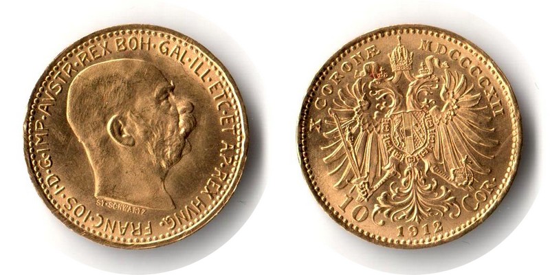 Österreich MM-Frankfurt Feingewicht: 3,05g Gold 10 Kronen 1912 vorzüglich