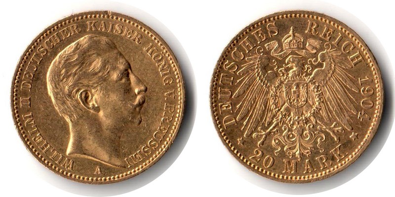Preussen, Königreich MM-Frankfurt Feingewicht: 7,17g Gold 20 Mark 1904 A sehr schön