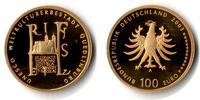 BRD MM-Frankfurt  Feingewicht: 15,5g Gold 100 EUR Qedlinburg 2003 A vz/stempelglanz