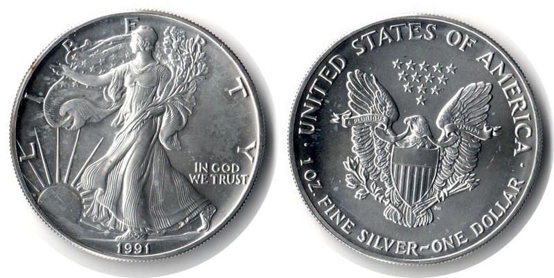  USA  1 Dollar (American Eagle) 1991 FM-Frankfurt Feingewicht: 31,1g Silber   vorzüglich   