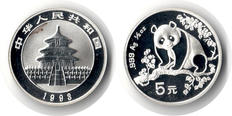  China  5 Yuan Panda 1993  FM-Frankfurt  Feingewicht: 15,55g Silber   vorzüglich aus PP   